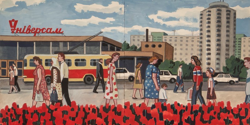 city buildings, bus, cars and people with red tulips in the foreground